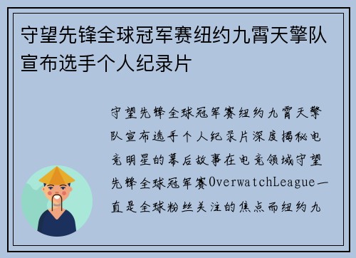 守望先锋全球冠军赛纽约九霄天擎队宣布选手个人纪录片