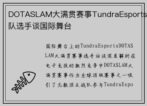 DOTASLAM大满贯赛事TundraEsports战队选手谈国际舞台