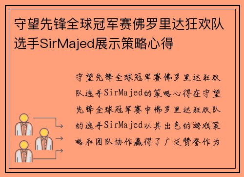 守望先锋全球冠军赛佛罗里达狂欢队选手SirMajed展示策略心得
