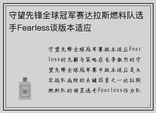 守望先锋全球冠军赛达拉斯燃料队选手Fearless谈版本适应