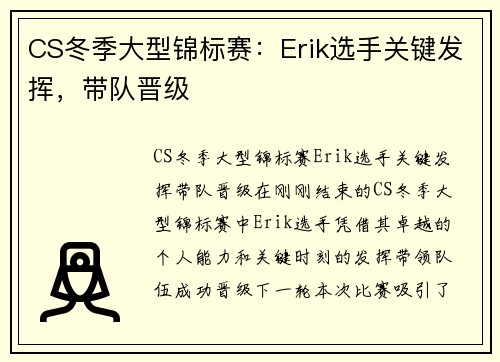 CS冬季大型锦标赛：Erik选手关键发挥，带队晋级